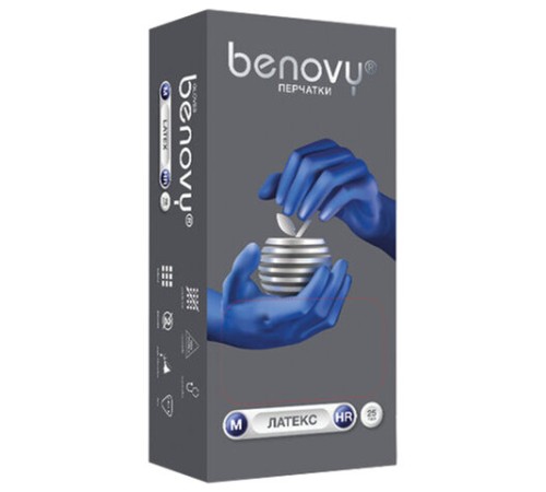 Перчатки латексные смотровые 25 пар (50 штук), прочные, размер 7-8, M (средний), BENOVY High Risk