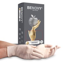 Перчатки латексные смотровые 50 пар (100 штук), размер 8-9, L (большой), бежевые, BENOVY Latex Chlorinated