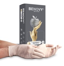 Перчатки латексные смотровые 50 пар (100 штук), размер 7-8, M (средний), бежевые, BENOVY Latex Chlorinated