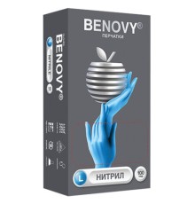Перчатки нитриловые смотровые 100 пар (200 штук), размер 8-9, L (большой), голубые, BENOVY Nitrile Chlorinated, К