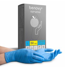 Перчатки нитриловые смотровые 50 пар (100 штук), размер 8-9, L (большой), голубые, BENOVY Nitrile Chlorinated, К