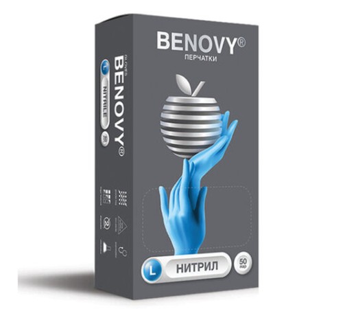 Перчатки нитриловые смотровые 50 пар (100 штук), размер 8-9, L (большой), голубые, BENOVY Nitrile Chlorinated, К