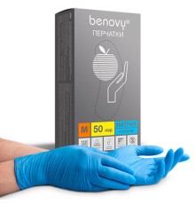 Перчатки нитриловые смотровые 50 пар (100 штук), размер 7-8, M (средний), голубые BENOVY Nitrile Chlorinated, К