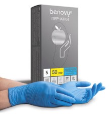 Перчатки нитриловые смотровые 50 пар (100 штук), размер 6-7, S (малый), голубые BENOVY Nitrile Chlorinated, К