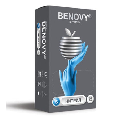 Перчатки нитриловые смотровые 50 пар (100 штук), размер 6-7, S (малый), голубые BENOVY Nitrile Chlorinated, К