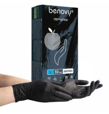 Перчатки нитриловые смотровые 50 пар (100 штук), размер 8-9, L (большой), черные, BENOVY MultiColor, К