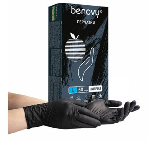 Перчатки нитриловые смотровые 50 пар (100 штук), размер 8-9, L (большой), черные, BENOVY MultiColor, К