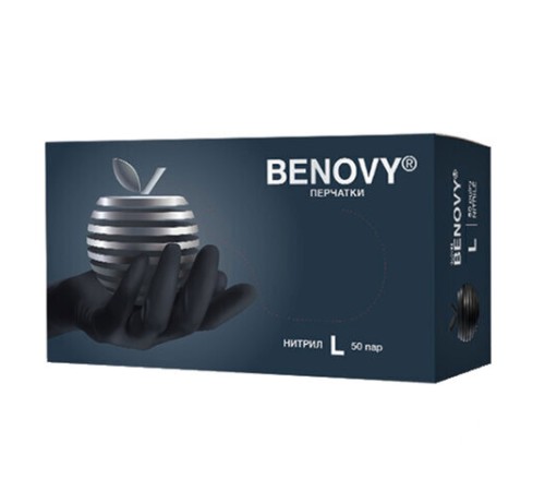 Перчатки нитриловые смотровые 50 пар (100 штук), размер 8-9, L (большой), черные, BENOVY MultiColor, К