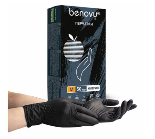 Перчатки нитриловые смотровые 50 пар (100 штук), размер 7-8, M (средний), черные, BENOVY MultiColor, К