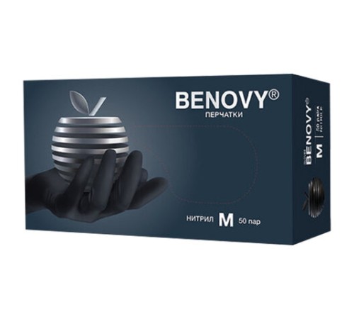 Перчатки нитриловые смотровые 50 пар (100 штук), размер 7-8, M (средний), черные, BENOVY MultiColor, К