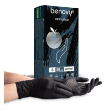 Перчатки нитриловые смотровые 50 пар (100 шт.) размер S (малый) черные BENOVY MultiColor, ЧЗ, К