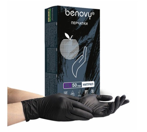 Перчатки нитриловые смотровые 50 пар (100 штук), размер 9-10, XL (очень большой), черные, BENOVY MultiColor, К