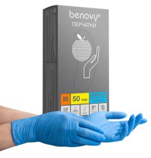Перчатки нитриловые смотровые 50 пар (100 штук), размер 7-8, M (средний), голубые, BENOVY Nitrile Chlorinated, М