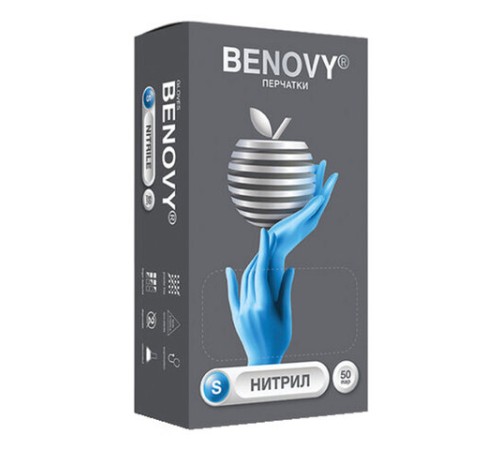 Перчатки нитриловые смотровые 50 пар (100 штук) размер 6-7, S (малый), голубые, BENOVY Nitrile Chlorinated, М