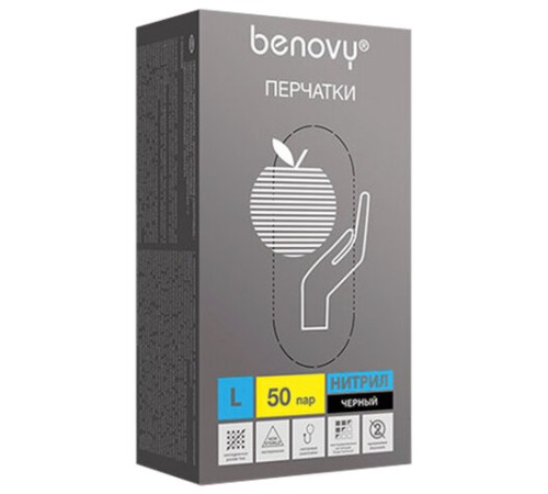 Перчатки нитриловые смотровые 50 пар (100 штук), размер 8-9, L (большой), черные, BENOVY Nitrile Chlorinated, М
