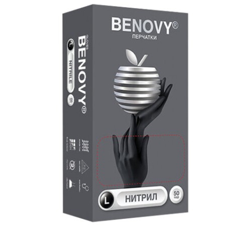 Перчатки нитриловые смотровые 50 пар (100 штук), размер 8-9, L (большой), черные, BENOVY Nitrile Chlorinated, М