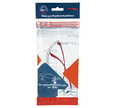 Очки защитные открытые РОСОМЗ О15 Hammer Active super, прозрачные, устойчивы к химическим веществам, незапотевающее покрытие, поликарбонат, 11530