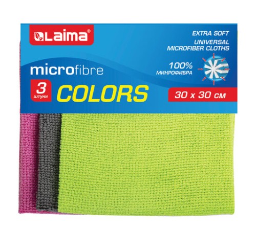 Салфетки из МИКРОФИБРЫ универсальные, 30х30 см, КОМПЛЕКТ 3 шт., ассорти (розовый, зеленый, серый), 180 г/м2, LAIMA, 700054