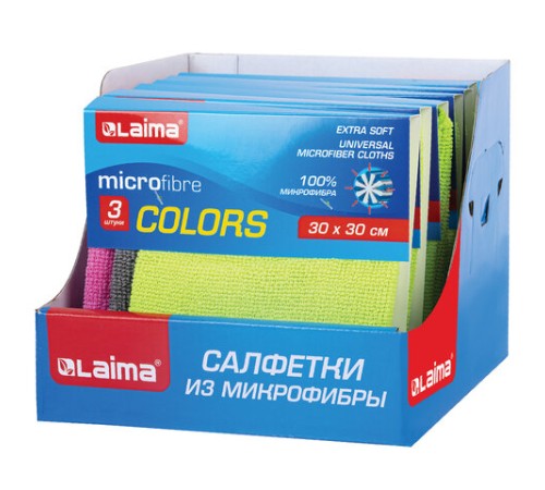 Салфетки из МИКРОФИБРЫ универсальные, 30х30 см, КОМПЛЕКТ 3 шт., ассорти (розовый, зеленый, серый), 180 г/м2, LAIMA, 700054