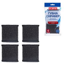 Губка-скрабер 11х10х1,5 см, поролон + металлическая оплетка, КОМПЛЕКТ 4 штуки, посуда, уборка, LAIMA, 700059