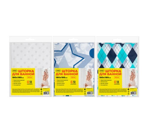 Шторка для ванной PEVA, 180х180 см, кольца в комплекте, 3 дизайна ассорти, УЗОРЫ, WBZ (ВБЗ), 700068