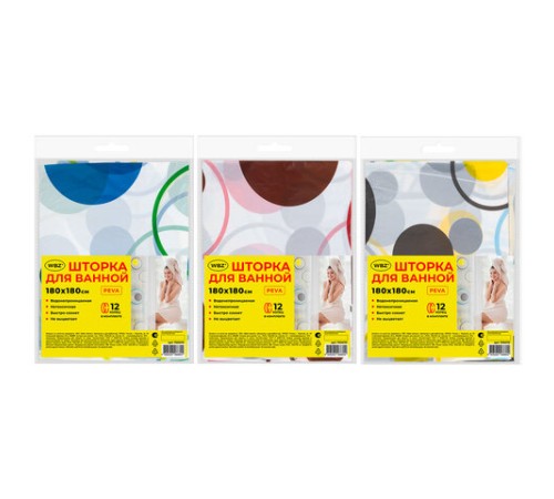 Шторка для ванной PEVA, 180х180 см, кольца в комплекте, 3 дизайна ассорти, КРУГИ, WBZ (ВБЗ), 700070