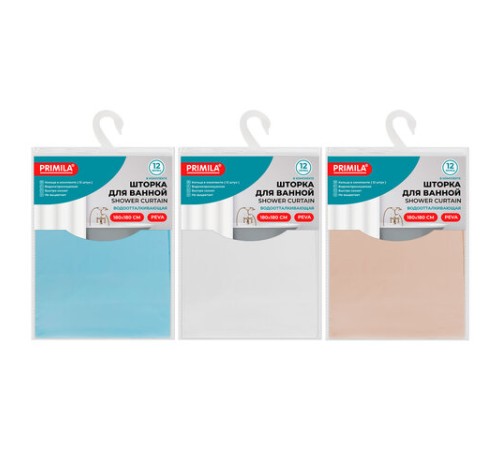 Шторка для ванной PEVA, 180х180 см, кольца в комплекте, 3 цвета ассорти (белый, голубой, коричневый), PRIMILA (ПРИМИЛА), 700072