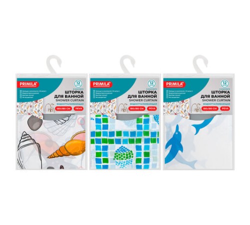 Шторка для ванной PEVA, 180х180 см, кольца в комплекте, 3 дизайна ассорти, МОРЕ, PRIMILA (ПРИМИЛА), 700074
