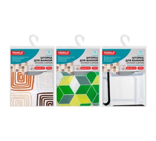 Шторка для ванной PEVA, 180х200 см, кольца в комплекте, 3 дизайна ассорти, ФИГУРЫ, PRIMILA (ПРИМИЛА), 700075