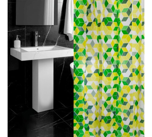 Шторка для ванной PEVA, 180х200 см, кольца в комплекте, 3 дизайна ассорти, ФИГУРЫ, PRIMILA (ПРИМИЛА), 700075