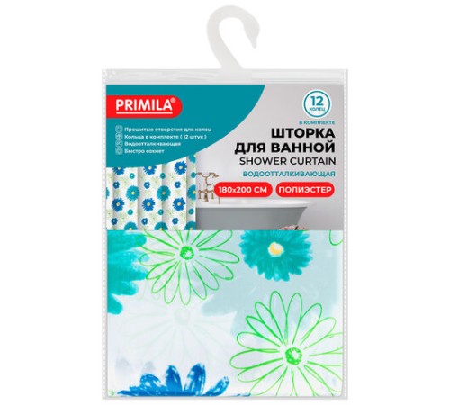 Шторка для ванной ПОЛИЭСТЕР, 180х200 см, кольца в комплекте, ЦВЕТЫ, PRIMILA (ПРИМИЛА), 700082