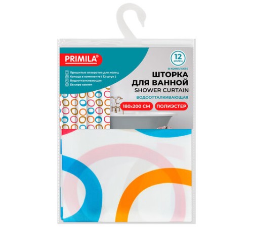 Шторка для ванной ПОЛИЭСТЕР, 180х200 см, кольца в комплекте, КРУГИ, PRIMILA (ПРИМИЛА), 700086