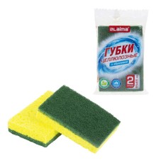 Губки для посуды 95x65х20 мм, ЦЕЛЛЮЛОЗНЫЕ + АБРАЗИВ, КОМПЛЕКТ 2 штуки, желтые/зеленый абразив, LAIMA, 700256