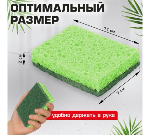Губки для посуды 110х70х20 мм, ЦЕЛЛЮЛОЗНЫЕ + АБРАЗИВ, КОМПЛЕКТ 2 штуки, зеленые/зеленый абразив, LAIMA, 700258