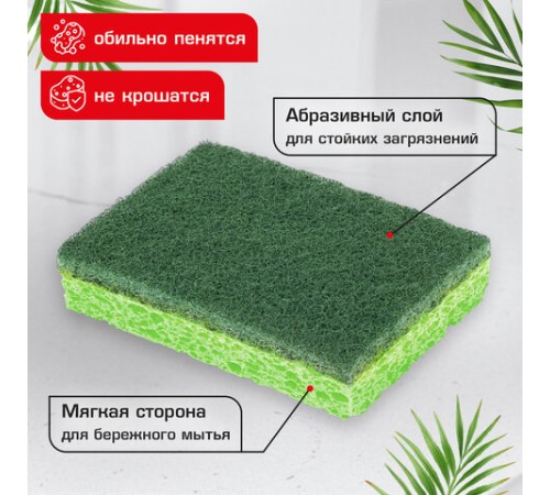 Губки для посуды 110х70х20 мм, ЦЕЛЛЮЛОЗНЫЕ + АБРАЗИВ, КОМПЛЕКТ 2 штуки, зеленые/зеленый абразив, LAIMA, 700258