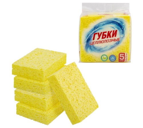 Губки для посуды 110х70х20 мм, ЦЕЛЛЮЛОЗНЫЕ, КОМПЛЕКТ 5 штук, желтые, LAIMA, 700259