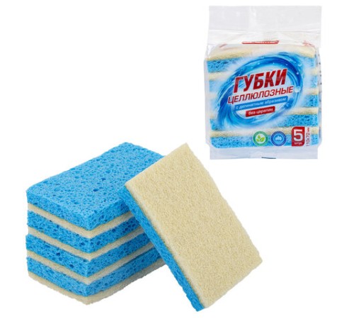 Губки для посуды 110х70х20 мм, ЦЕЛЛЮЛОЗНЫЕ + АБРАЗИВ, КОМПЛЕКТ 5 штук, синий/белый абразив, LAIMA, 700260
