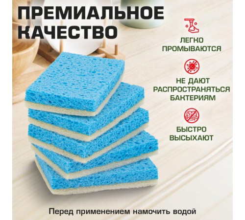 Губки для посуды 110х70х20 мм, ЦЕЛЛЮЛОЗНЫЕ + АБРАЗИВ, КОМПЛЕКТ 5 штук, синий/белый абразив, LAIMA, 700260