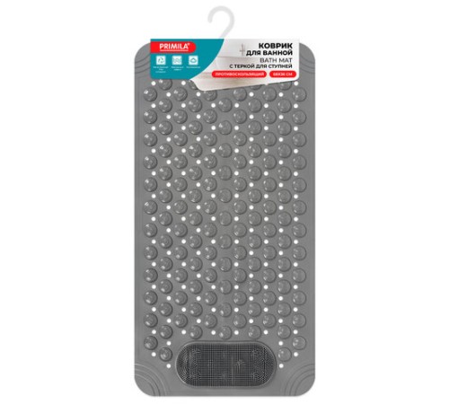 Коврик для ванны противоскользящий с теркой для ступней 68х36 см, серый, ПВХ, присоски, PRIMILA (ПРИМИЛА), 700389