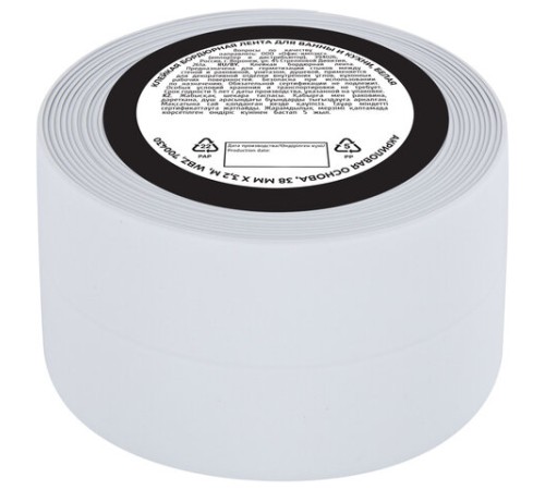 Клейкая лента бордюрная для ванны и кухни 38 мм х 3,2 м, белая, акриловая основа, WBZ (ВБЗ), 700430