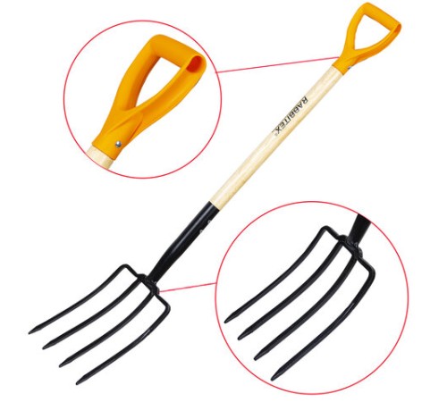 Вилы копальные стальные 19х28 см, ОБЩАЯ ДЛИНА 115 см, деревянный черенок, V-ручка, RABBITEX (РАББИТЕКС) 