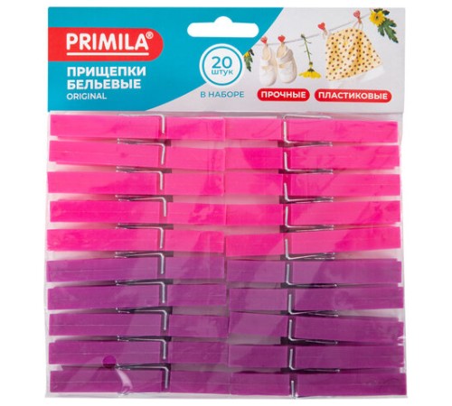 Прищепки бельевые 7,8 см, КОМПЛЕКТ 20 штук, пластик, ассорти, PRIMILA (ПРИМИЛА) ORIGINAL, 700511