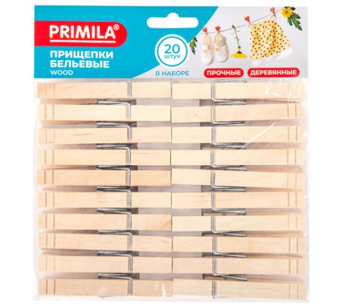 Прищепки бельевые 8,4 см, КОМПЛЕКТ 20 штук, дерево, PRIMILA (ПРИМИЛА) WOOD, 700513