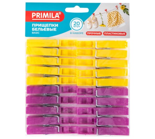 Прищепки бельевые 7 см, КОМПЛЕКТ 20 штук, пластик, ассорти, PRIMILA (ПРИМИЛА) BASIC, 700514