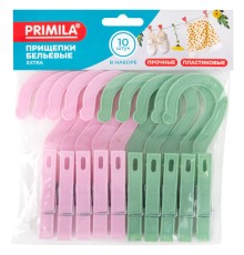Прищепки бельевые с крючком 13 см, КОМПЛЕКТ 10 штук, пластик, ассорти, PRIMILA (ПРИМИЛА) EXTRA, 700519