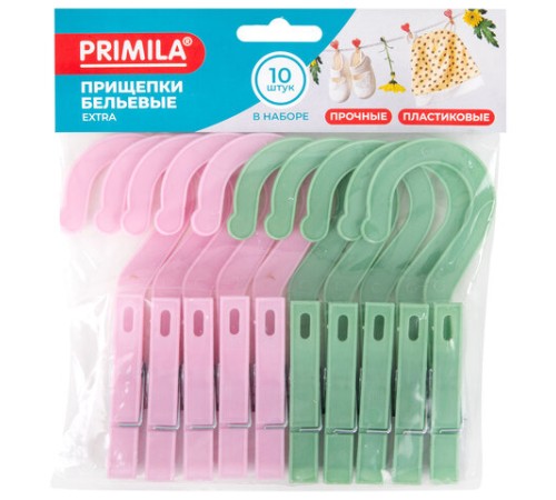 Прищепки бельевые с крючком 13 см, КОМПЛЕКТ 10 штук, пластик, ассорти, PRIMILA (ПРИМИЛА) EXTRA, 700519