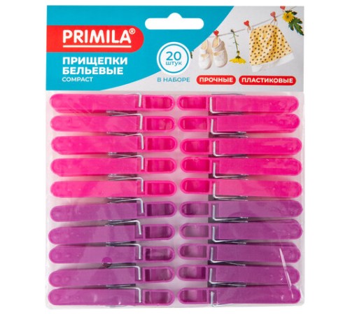 Прищепки бельевые 6,8 см, КОМПЛЕКТ 20 штук, пластик, ассорти, PRIMILA (ПРИМИЛА) COMPACT, 700520