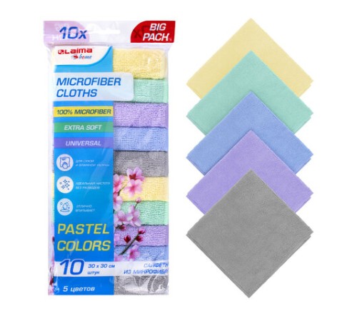 Салфетки из МИКРОФИБРЫ 30х30 см PASTEL COLOUR, big pack, КОМПЛЕКТ 10 штук, 180 г/м2, LAIMA HOME, 700608