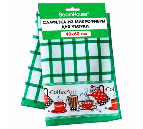 Салфетка из МИКРОФИБРЫ универсальная, 40х60 см, зеленая клетка, орнамент, 240 г/м2, BOOMHOUSE (БУМХАУС), 700878