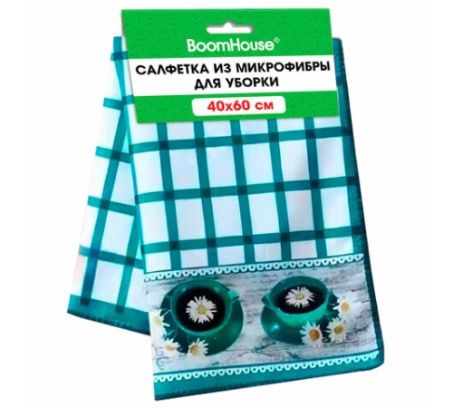 Салфетка из МИКРОФИБРЫ универсальная, 40х60 см, бирюзовая клетка, орнамент, 240 г/м2, BOOMHOUSE (БУМХАУС), 700879